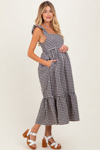 Black Gingham Ruffle Strap Maternity Midi Dress