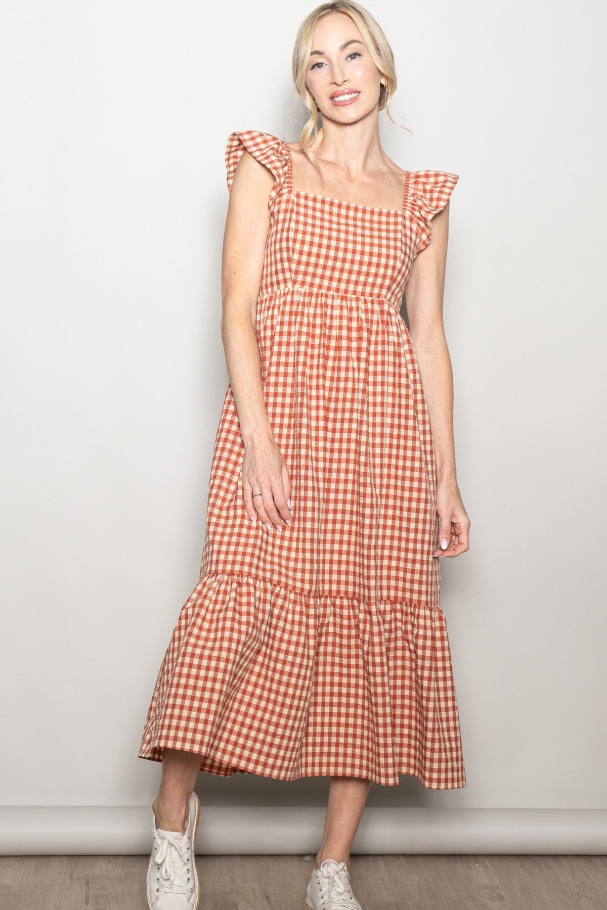 Rust Gingham Ruffle Strap Maternity Midi Dress