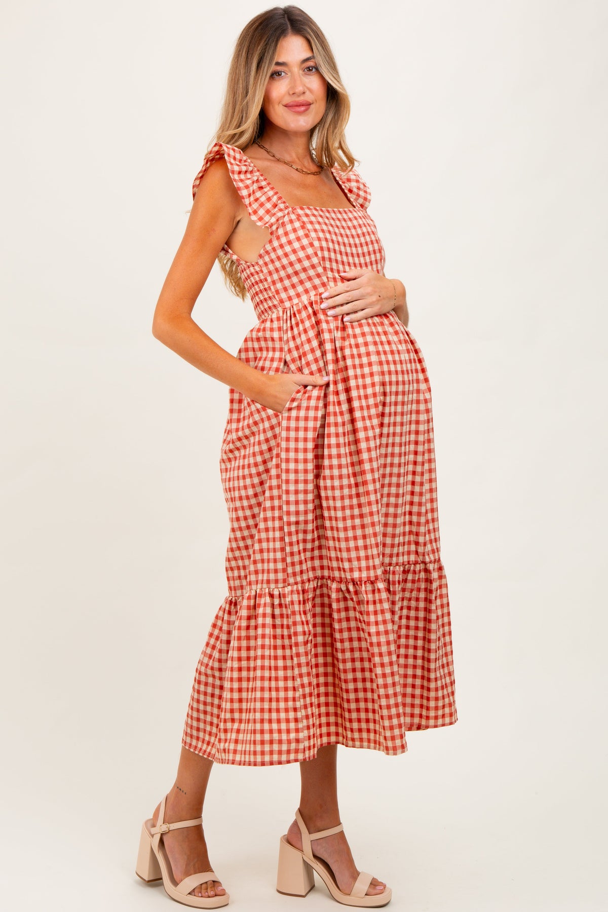 Rust Gingham Ruffle Strap Maternity Midi Dress