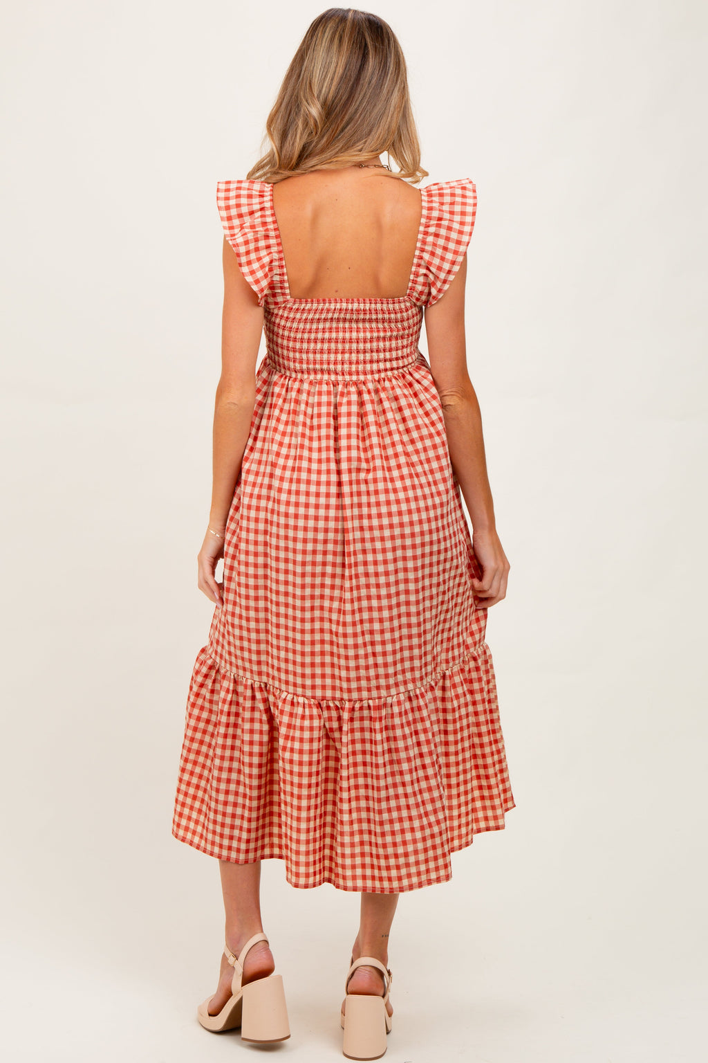 Rust Gingham Ruffle Strap Maternity Midi Dress