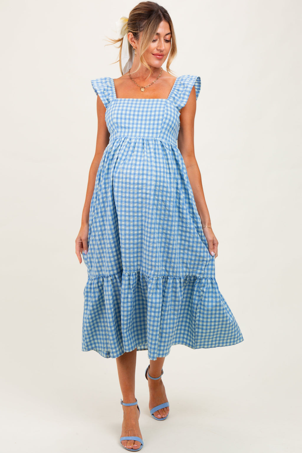 Blue Gingham Ruffle Strap Maternity Midi Dress