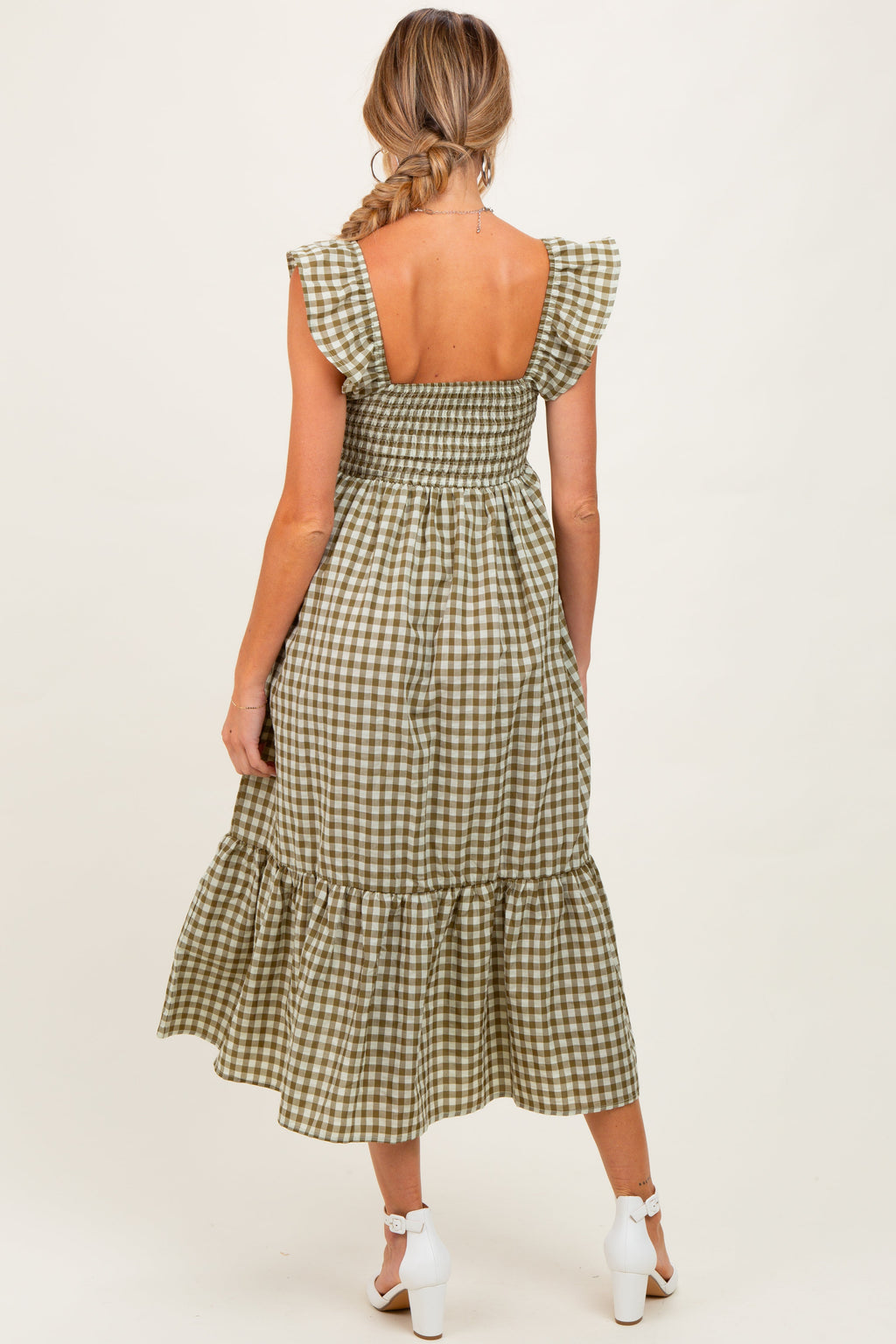 Olive Gingham Ruffle Strap Maternity Midi Dress