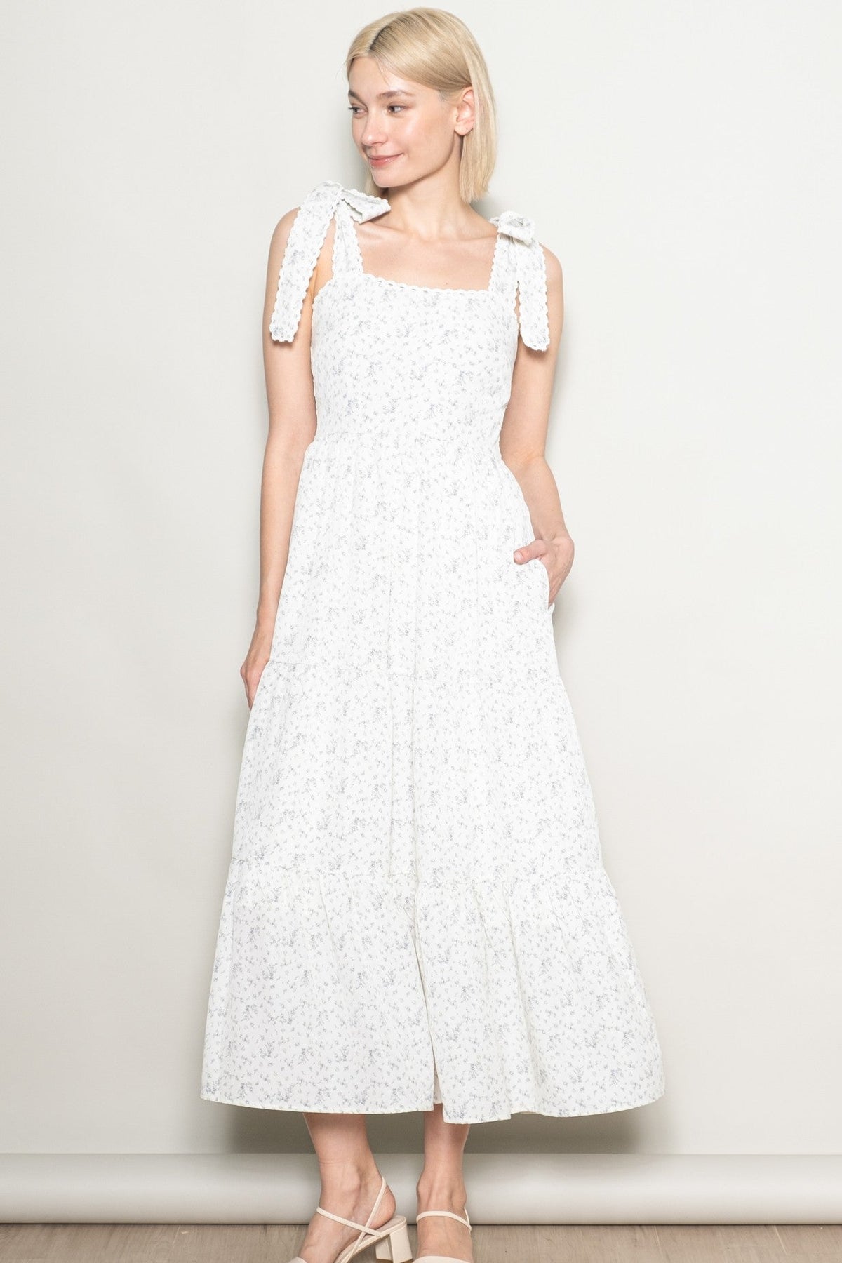 Ivory Floral Lace Trim Shoulder Tie Maternity Maxi Dress