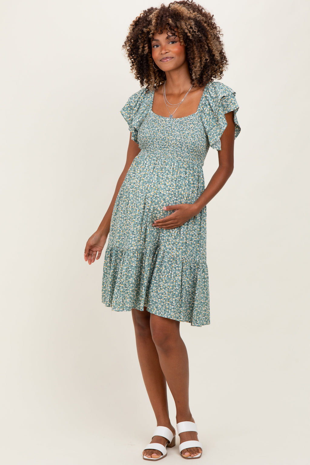 Light Olive Floral Smocked Flutter Sleeve Maternity Dress