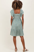 Light Olive Floral Smocked Flutter Sleeve Maternity Dress