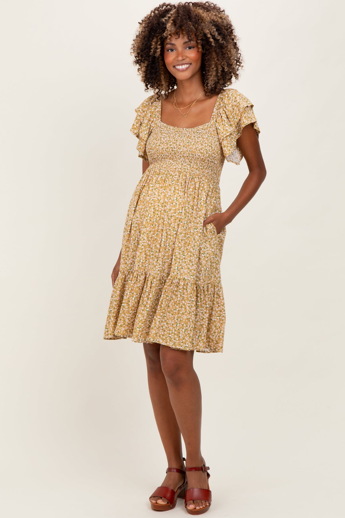 Yellow Floral Smocked Flutter Sleeve Maternity Dress