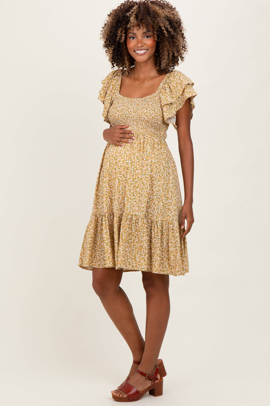 Yellow Floral Smocked Flutter Sleeve Maternity Dress