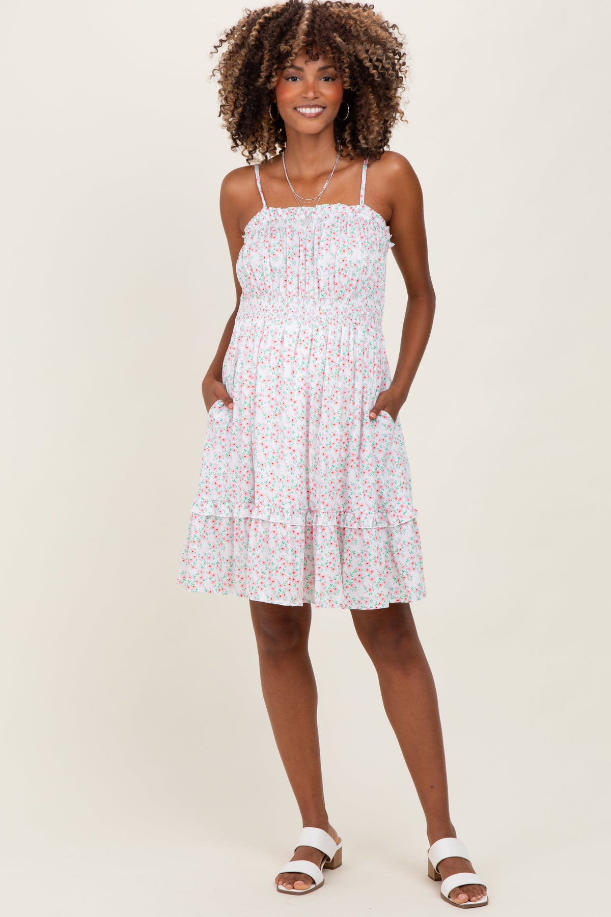 Ivory Floral Smocked Waist Ruffle Accent Maternity Dress