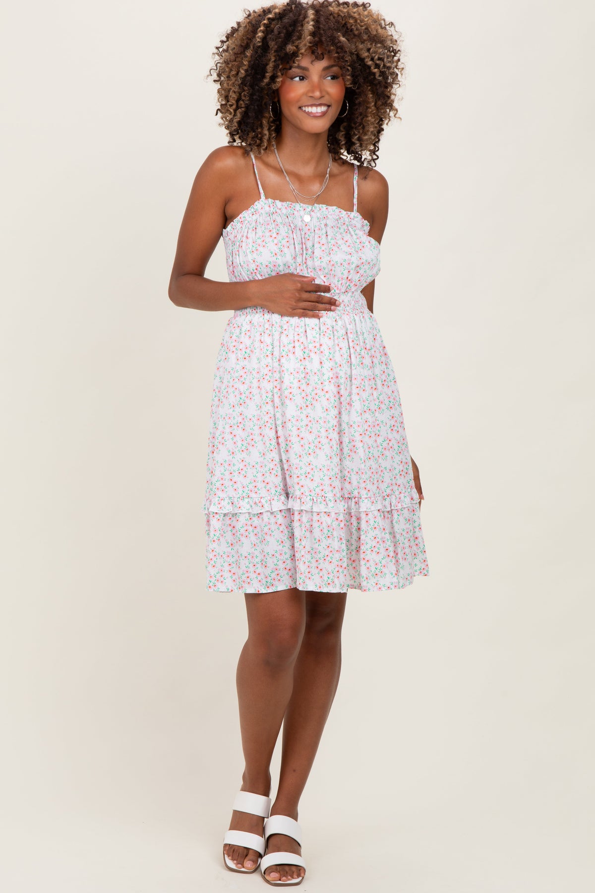 Ivory Floral Smocked Waist Ruffle Accent Maternity Dress
