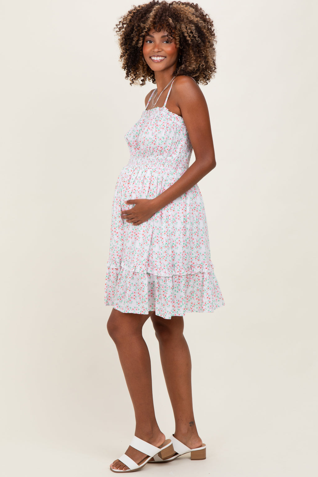 Ivory Floral Smocked Waist Ruffle Accent Maternity Dress