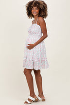 Ivory Floral Smocked Waist Ruffle Accent Maternity Dress