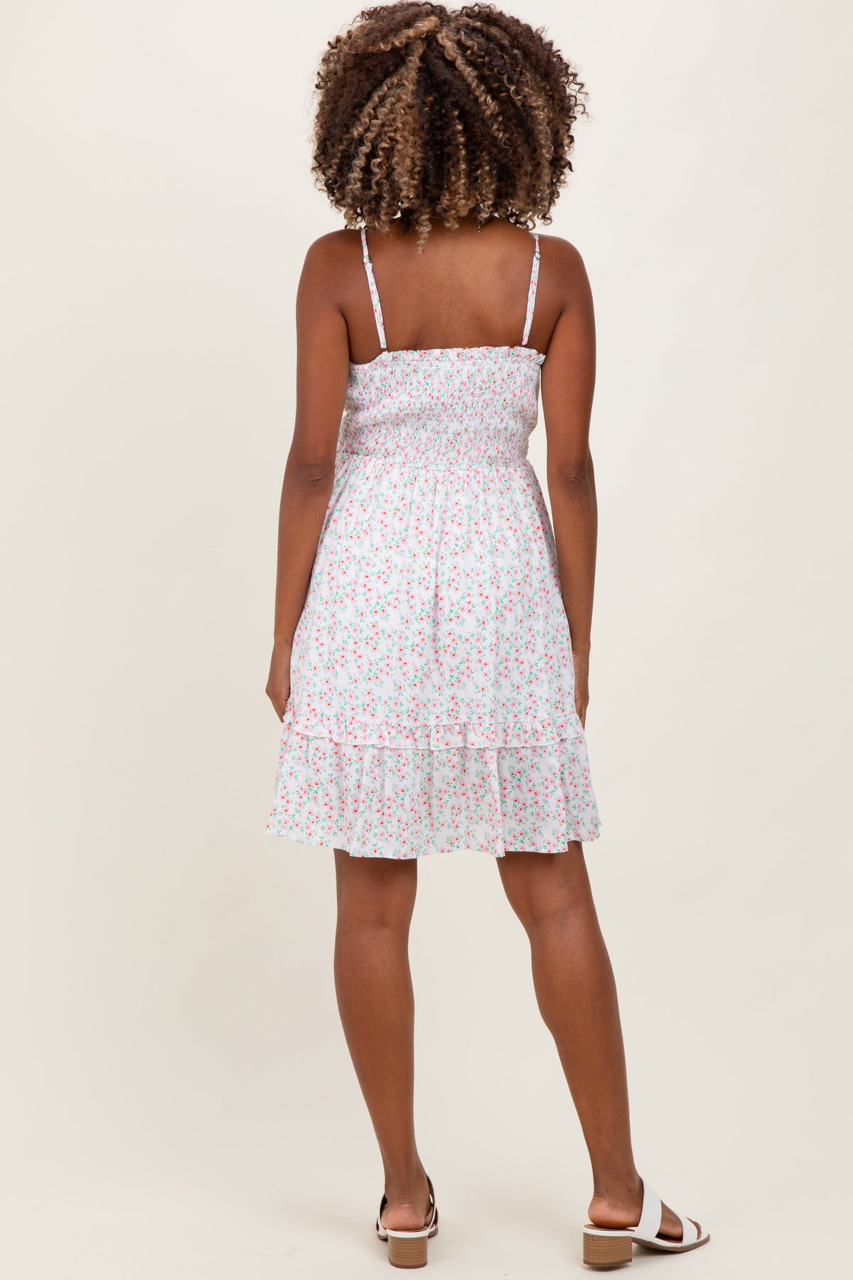 Ivory Floral Smocked Waist Ruffle Accent Maternity Dress