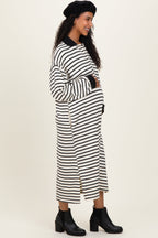 Black Stripe Snap Button Long Sleeve Maternity Midi Dress