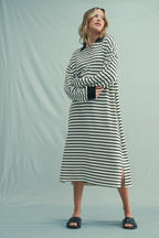 Black Stripe Snap Button Long Sleeve Maternity Midi Dress