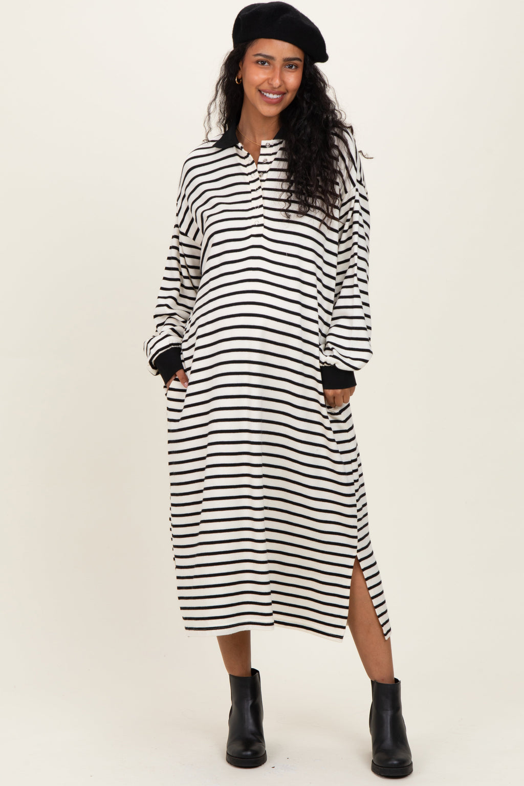 Black Stripe Snap Button Long Sleeve Maternity Midi Dress