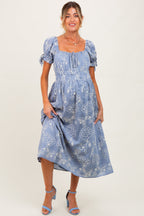 Denim Blue Floral Embroidered Maternity Midi Dress