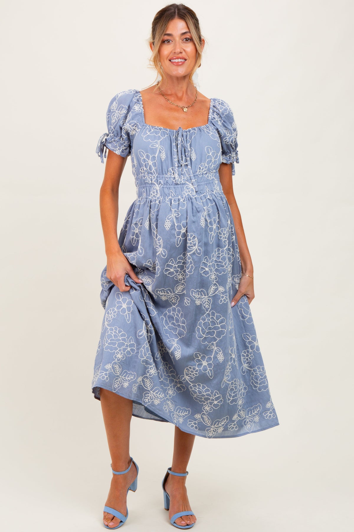 Denim Blue Floral Embroidered Maternity Midi Dress