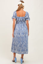Denim Blue Floral Embroidered Maternity Midi Dress