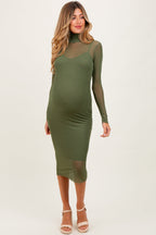 Olive Green Mesh Overlay Fitted Maternity Midi Dress