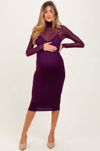 Purple Mesh Overlay Fitted Maternity Midi Dress