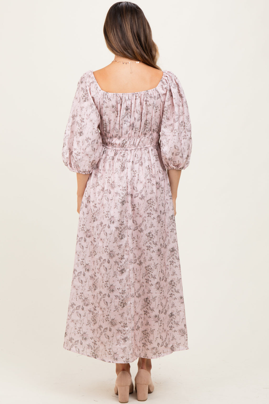 Light Pink Floral Puff Sleeve Smocked Waist Maternity Midi Dress