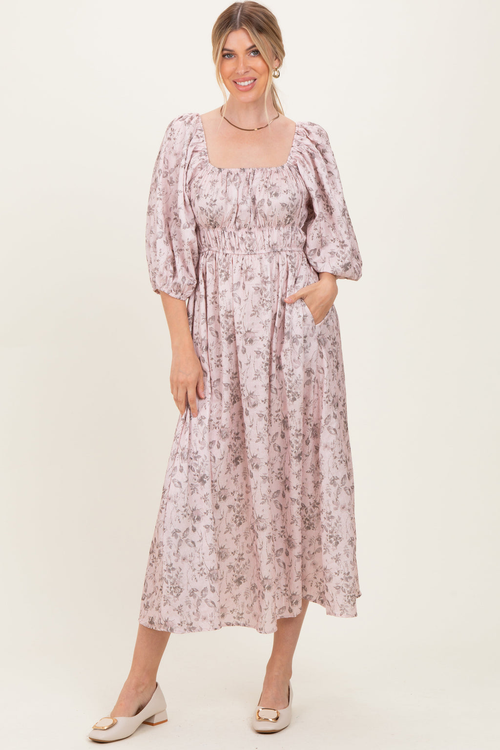 Light Pink Floral Puff Sleeve Smocked Waist Maternity Midi Dress