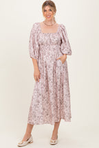 Light Pink Floral Puff Sleeve Smocked Waist Maternity Midi Dress