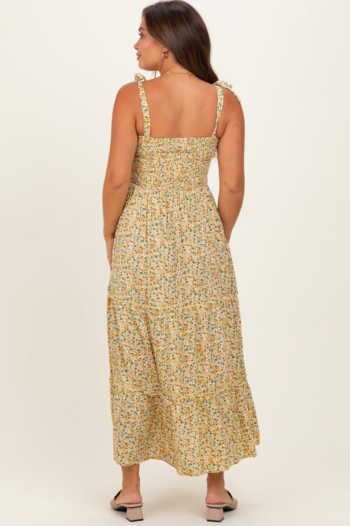 Yellow Floral Button Down Shoulder Tie Maternity Maxi Dress