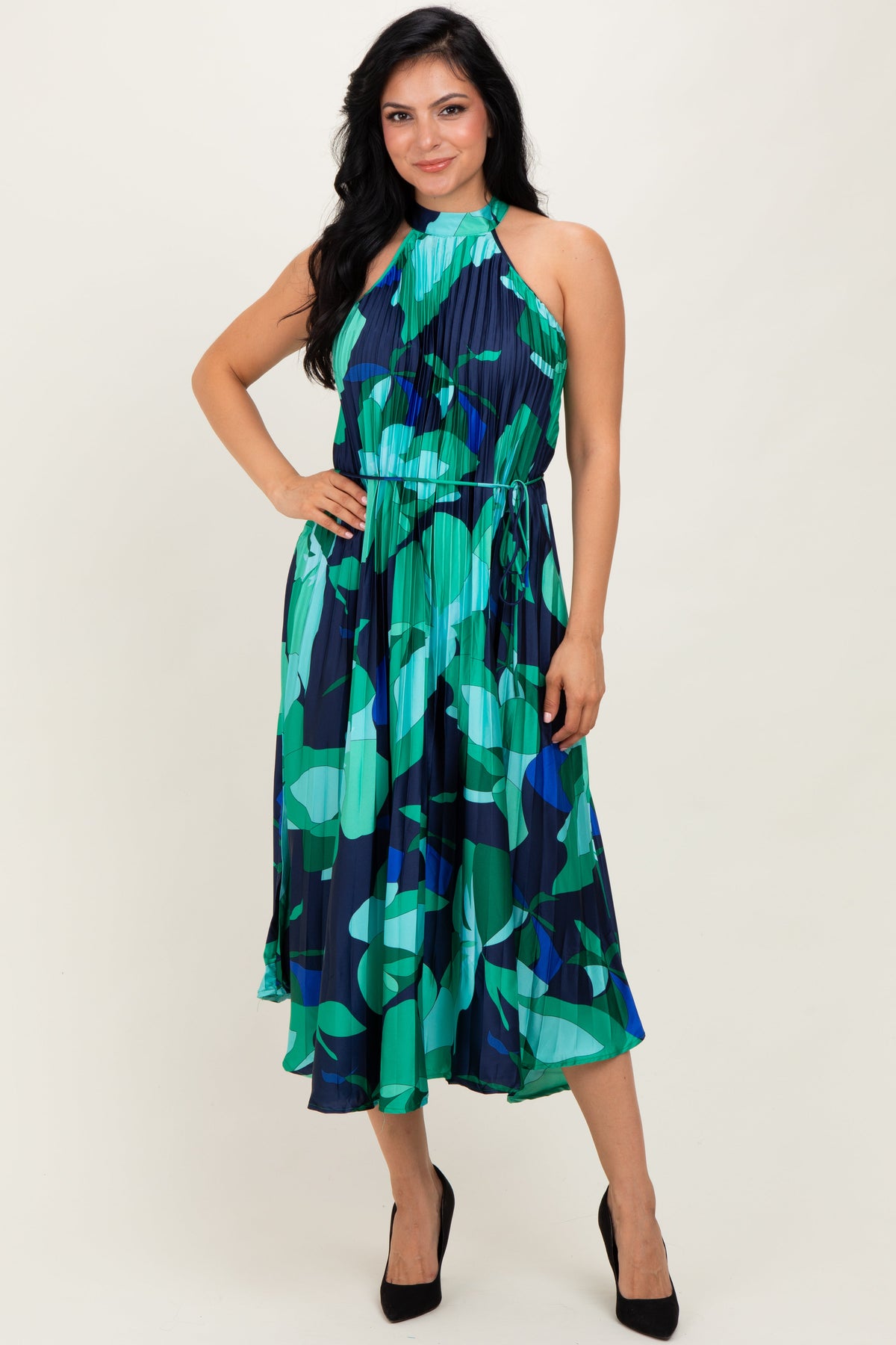 Jade Printed Pleated Halter Maternity Midi Dress