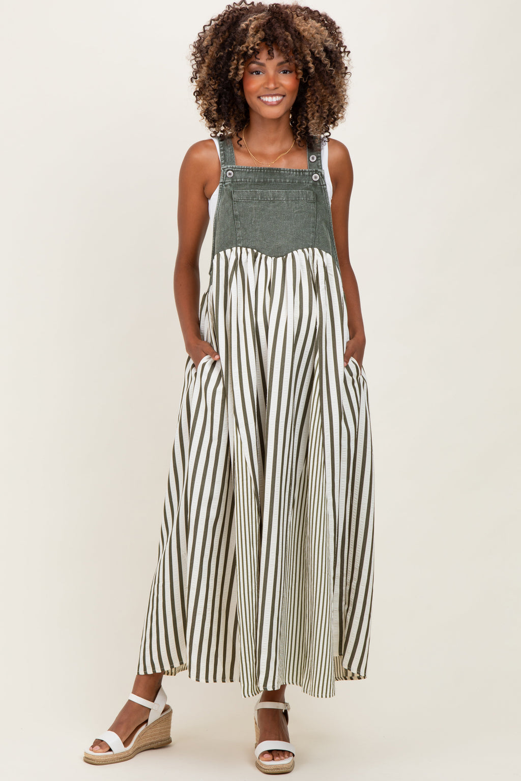 Olive Striped Colorblock Denim Contrast Maternity Maxi Dress