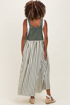 Olive Striped Colorblock Denim Contrast Maternity Maxi Dress