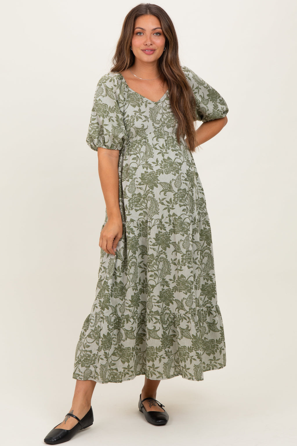 Olive Floral V-Neck 3/4 Sleeve Maternity Midi Dress