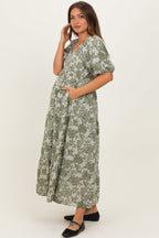 Olive Floral V-Neck 3/4 Sleeve Maternity Midi Dress