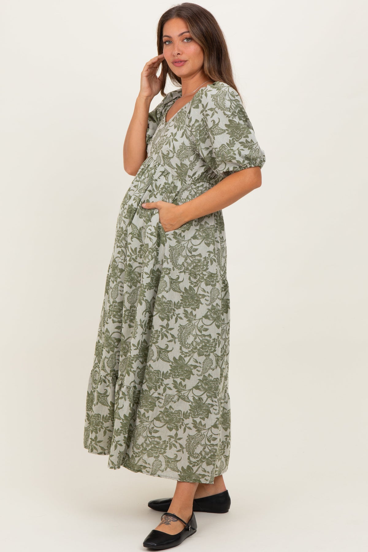 Olive Floral V-Neck 3/4 Sleeve Maternity Midi Dress