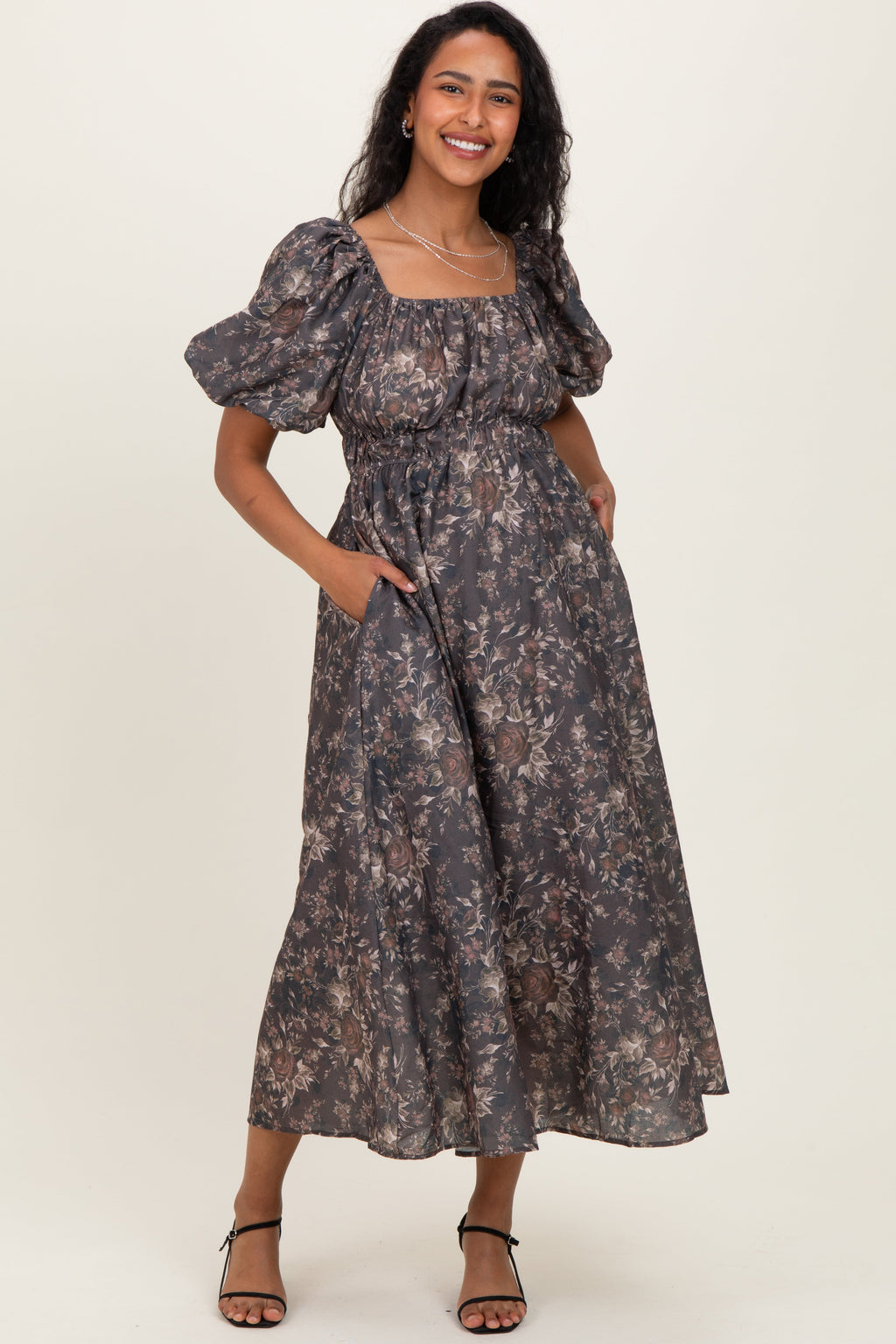 Brown Floral Puff Sleeve Maternity Midi Dress