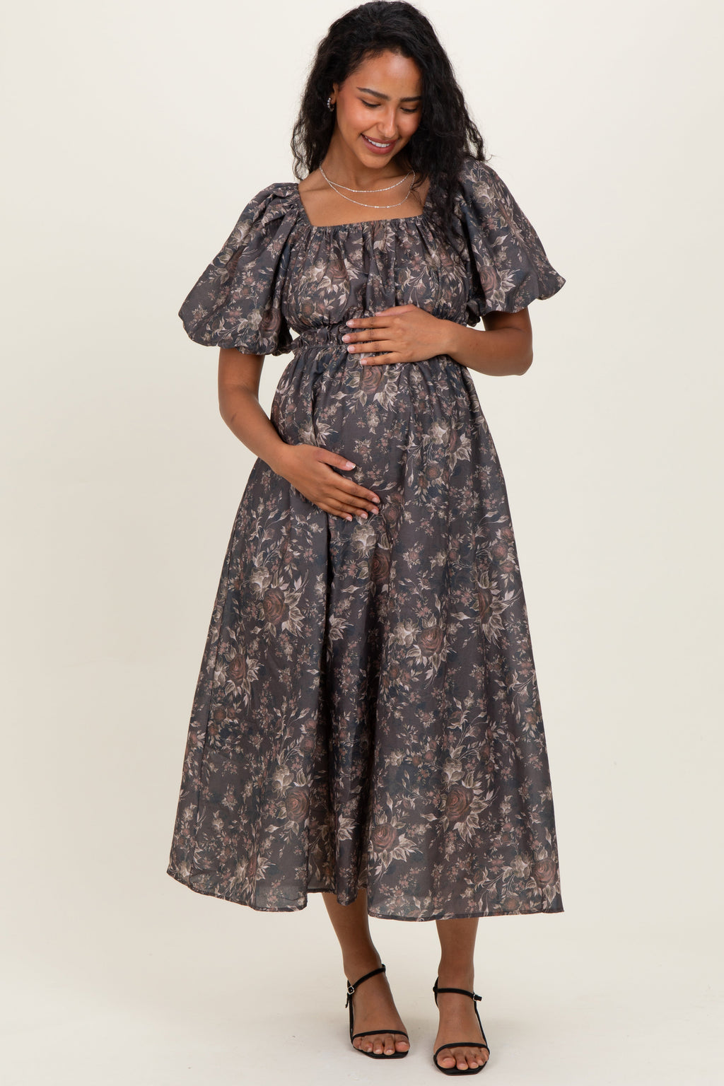 Brown Floral Puff Sleeve Maternity Midi Dress
