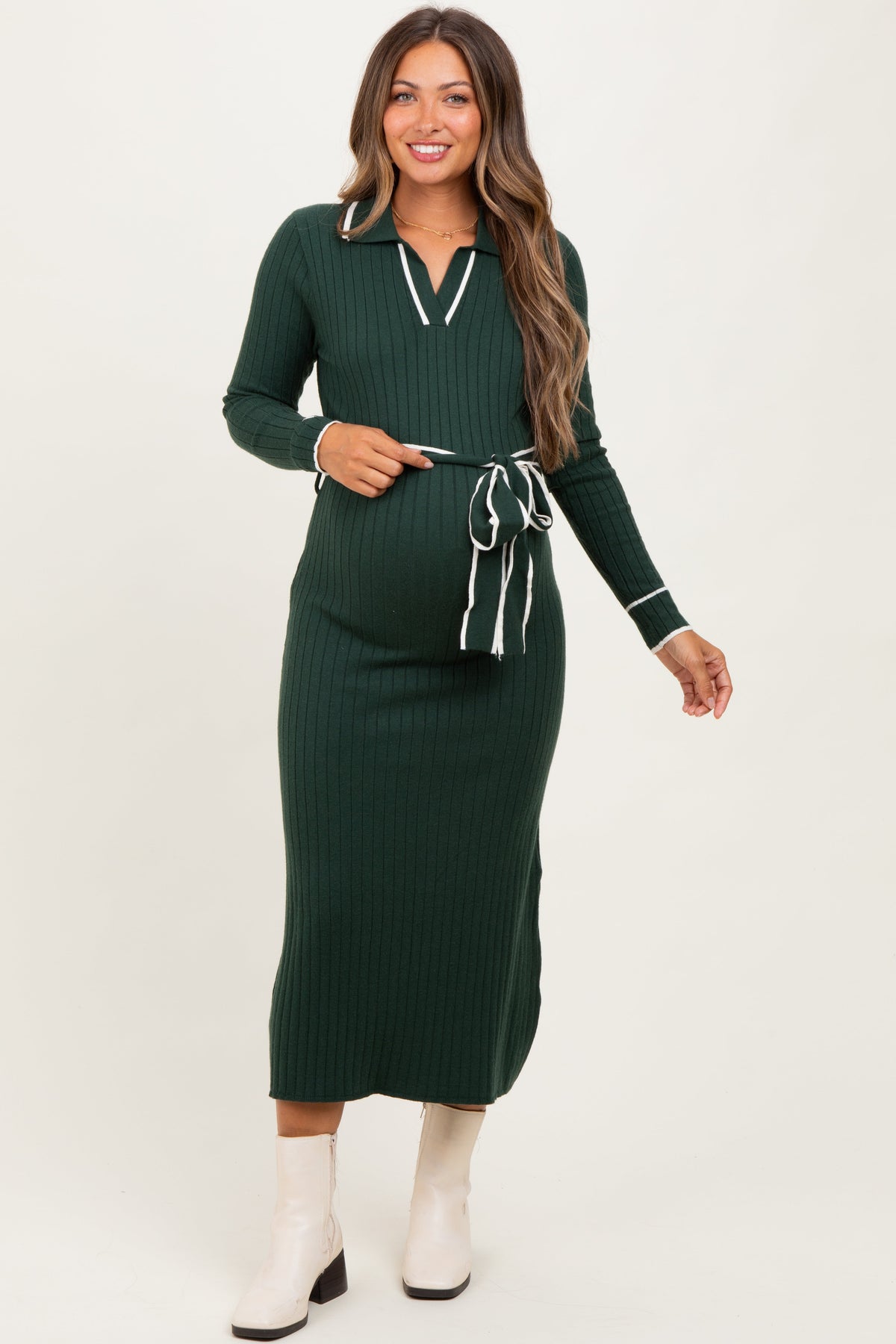Hunter Green Soft Stretchy Rib Fitted Maternity Sweater Midi Dress