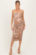 Camel Printed Ruched Sleeveless Maternity Midi Dress