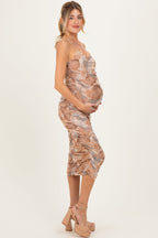 Camel Printed Ruched Sleeveless Maternity Midi Dress