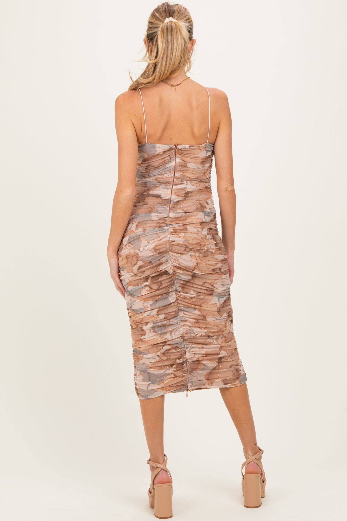 Camel Printed Ruched Sleeveless Maternity Midi Dress