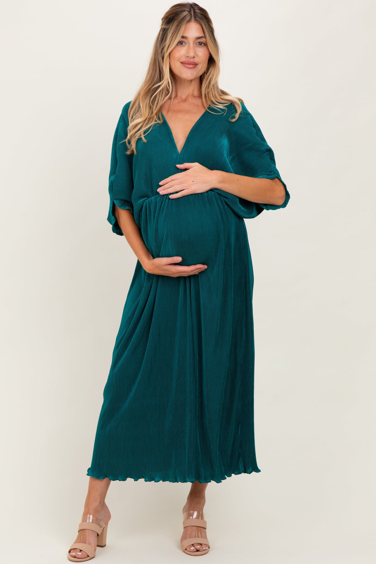 Forest Green Pleated Satin Dolman Sleeve Maternity Maxi Dress