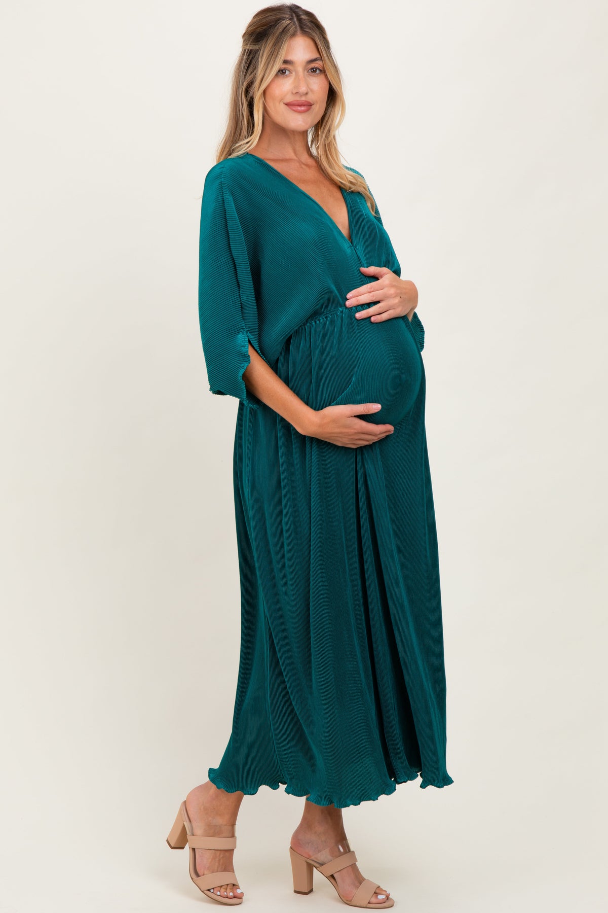 Forest Green Pleated Satin Dolman Sleeve Maternity Maxi Dress