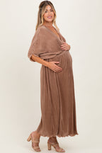 Mocha Pleated Satin Dolman Sleeve Maternity Maxi Dress