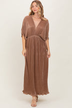 Mocha Pleated Satin Dolman Sleeve Maternity Maxi Dress