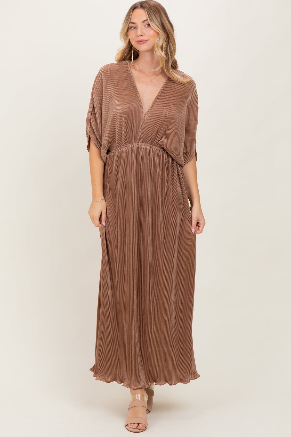 Mocha Pleated Satin Dolman Sleeve Maternity Maxi Dress