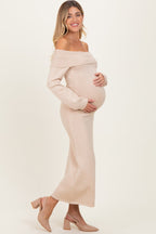 Beige Faux Pearl Detail Off Shoulder Maternity Sweater Dress