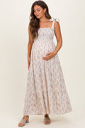 Ivory Floral Shoulder Tie Maternity Maxi Dress
