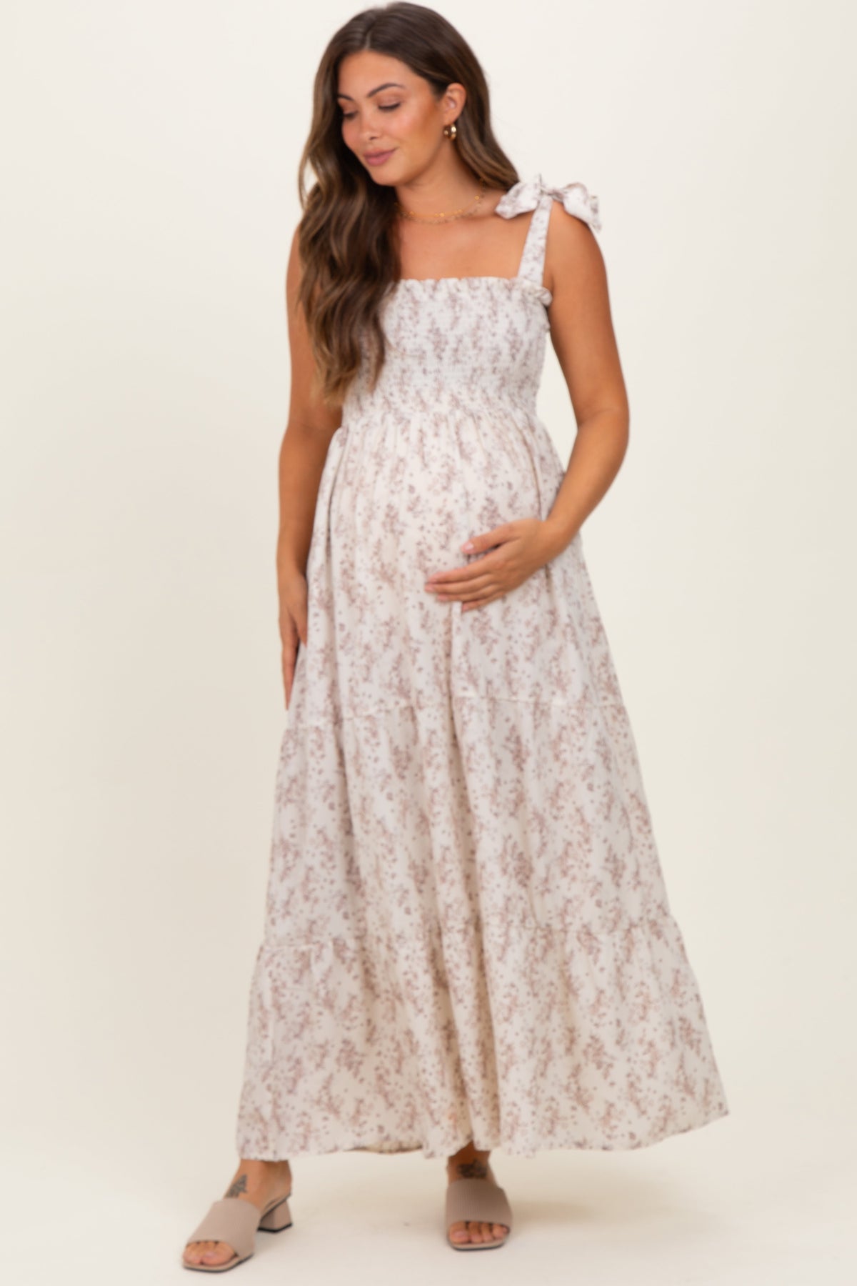 Ivory Floral Shoulder Tie Maternity Maxi Dress