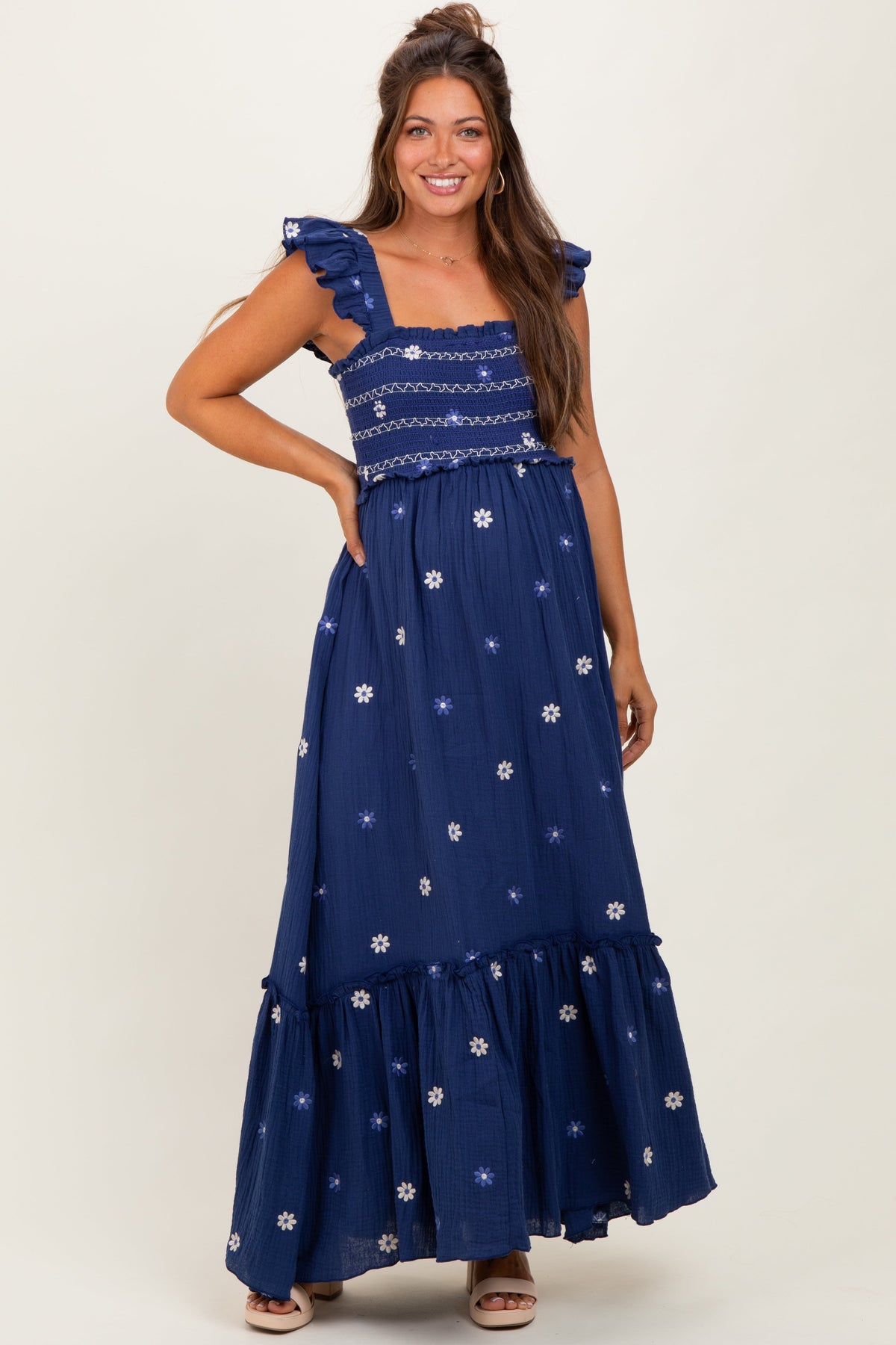Royal Blue Floral Embroidered Smocked Maternity Maxi Dress