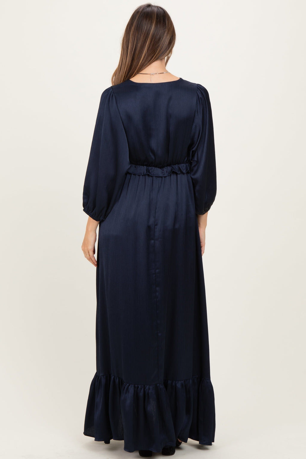 Navy Solid Satin Long Sleeve Open V-Neck Ruffle Waist Tiered Maternity Maxi Dress